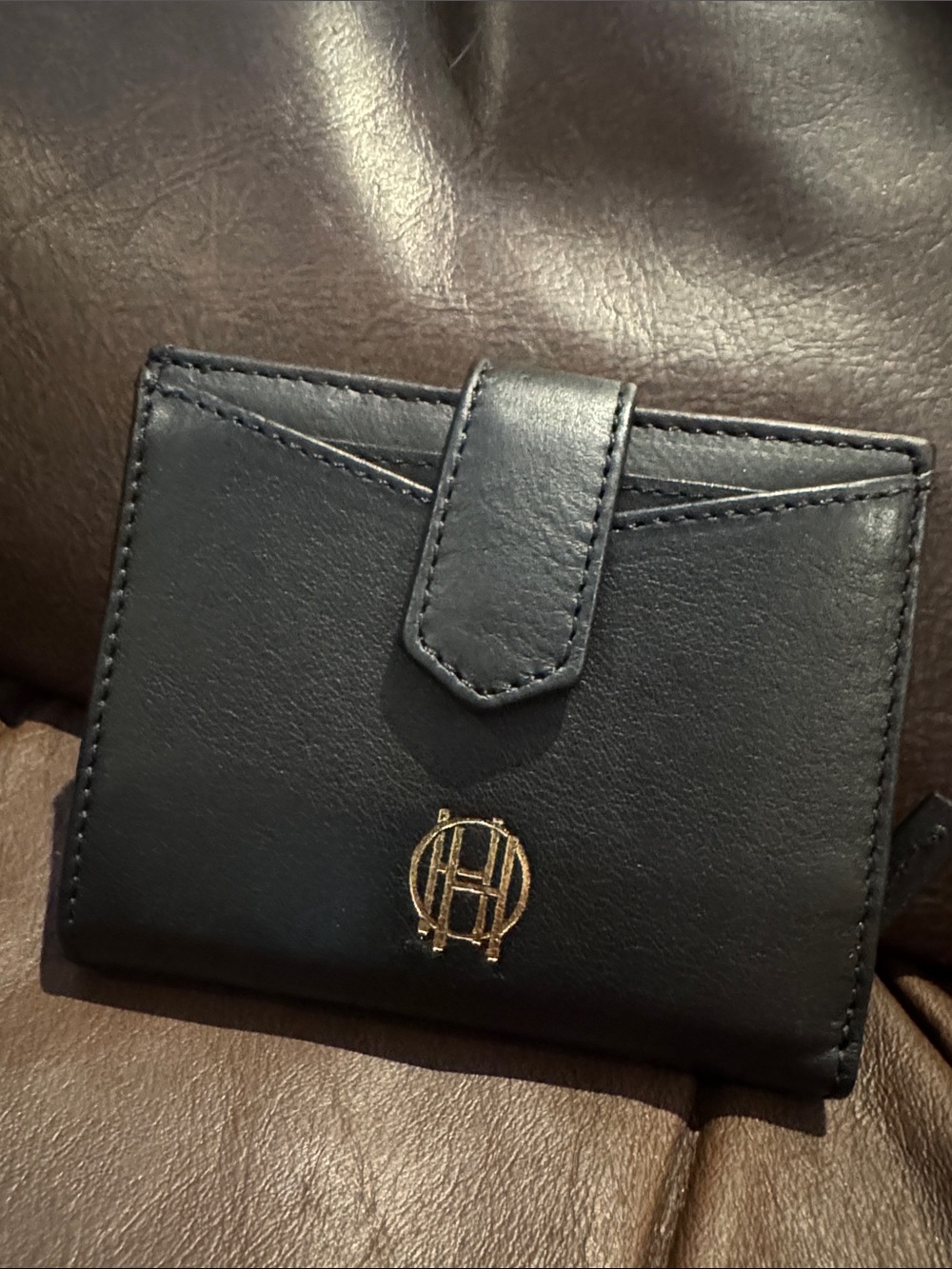 House of Harlow 1960 Black Leather Wallet with Gold Monogram
